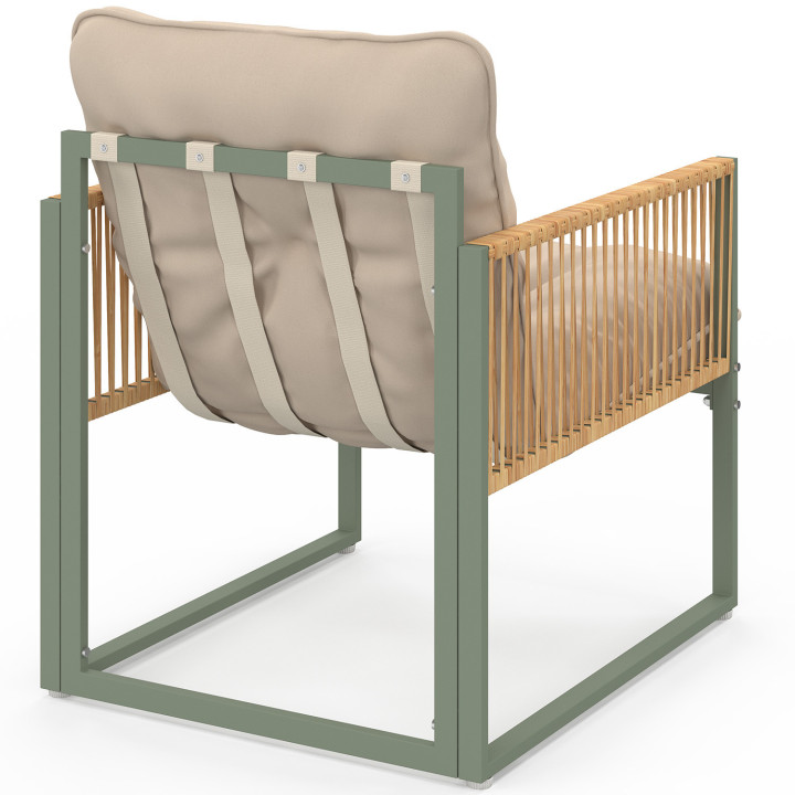 Set di mobili da giardino bassi a 4 posti con struttura in metallo verde, cordame effetto rattan chiaro e cuscini beige