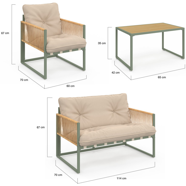 Set di mobili da giardino bassi a 4 posti con struttura in metallo verde, cordame effetto rattan chiaro e cuscini beige