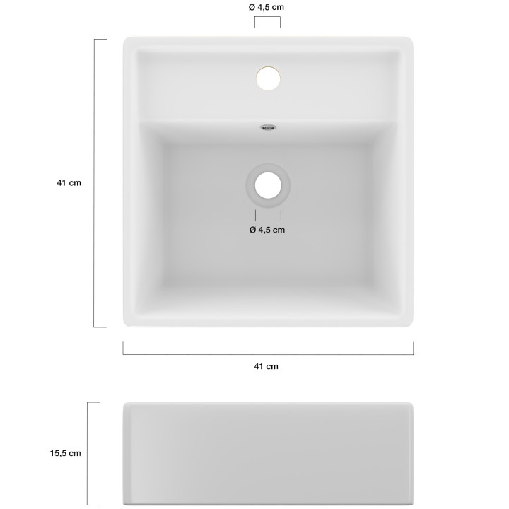 Lavabo quadrato in ceramica bianca L. 41 x L. 41 x H. 15,5 cm