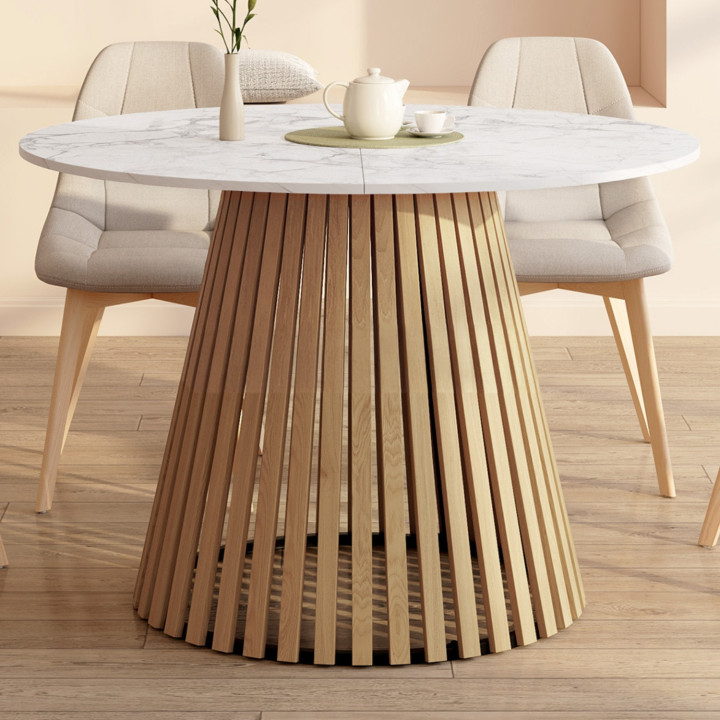 Tavolo da pranzo rotondo allungabile CARMEN per 4-8 persone con gambe a doghe in legno e piano in marmo bianco ALASKA 110 - 150