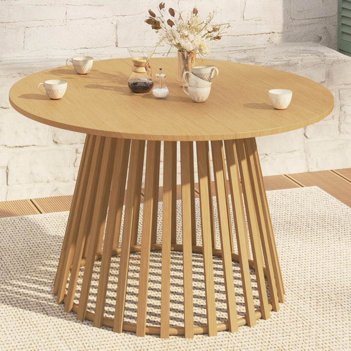 Tavolo da pranzo rotondo da giardino da 120 cm per 6 persone con gambe a doghe in metallo effetto legno