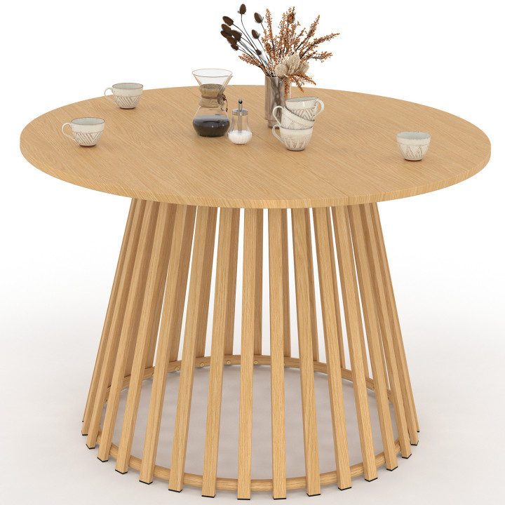 Tavolo da pranzo rotondo da giardino da 120 cm per 6 persone con gambe a doghe in metallo effetto legno