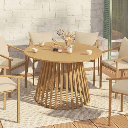 Tavolo da pranzo rotondo da giardino da 120 cm per 6 persone con gambe a doghe in metallo effetto legno