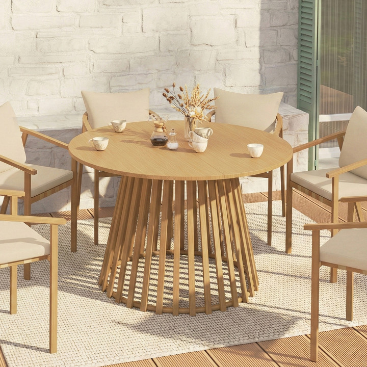 Tavolo da pranzo rotondo da giardino da 120 cm per 6 persone con gambe a doghe in metallo effetto legno