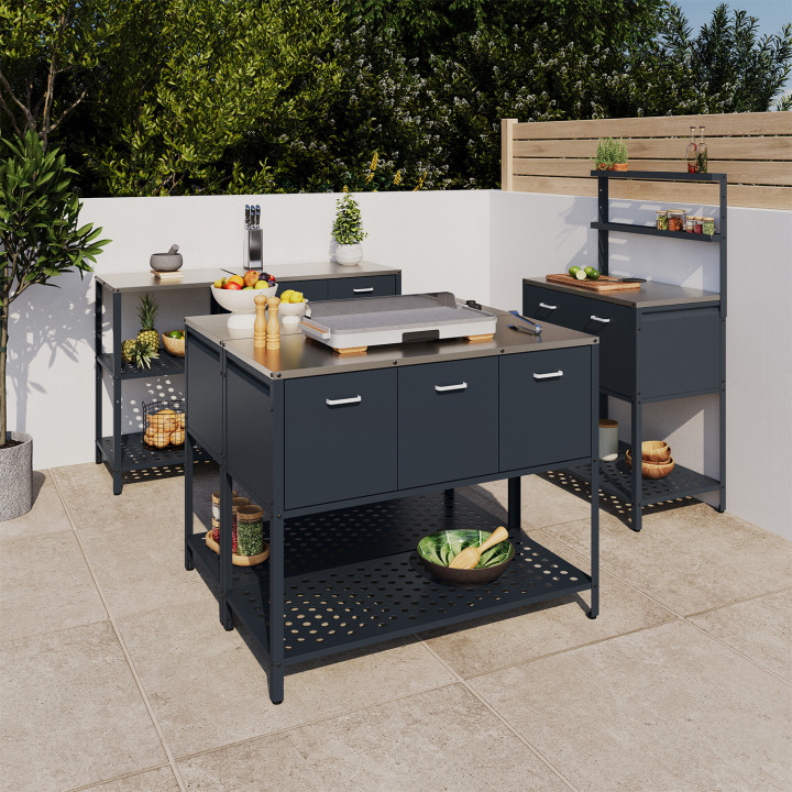 Cucina da esterno a 3 ante con 1 ripiano in acciaio grigio antracite - PAREO | IdMarket