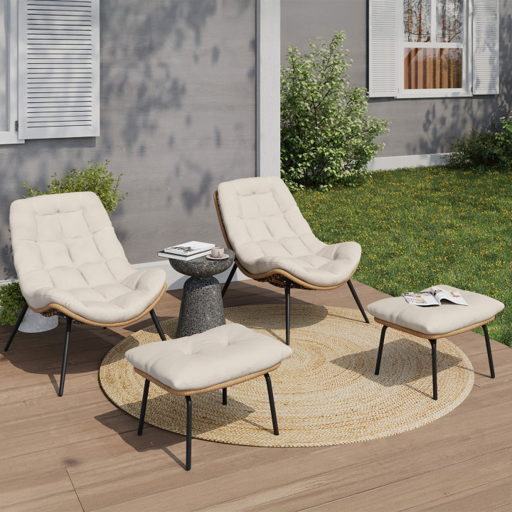 Set di 2 poltrone reclinabili in rattan con cuscini ecrù e poggiapiedi