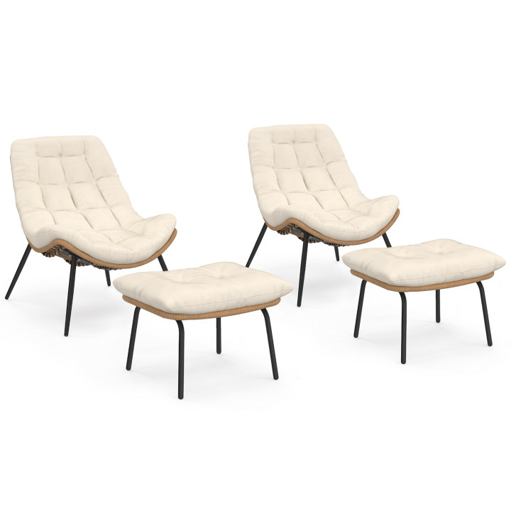 Set di 2 poltrone reclinabili in rattan con cuscini ecrù e poggiapiedi