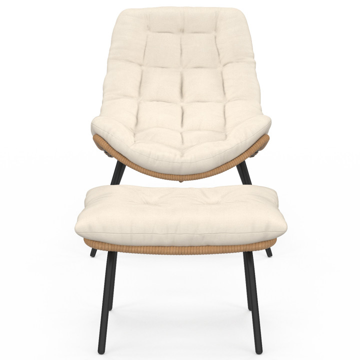 Set di 2 poltrone reclinabili in rattan con cuscini ecrù e poggiapiedi