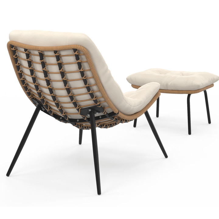 Set di 2 poltrone reclinabili in rattan con cuscini ecrù e poggiapiedi