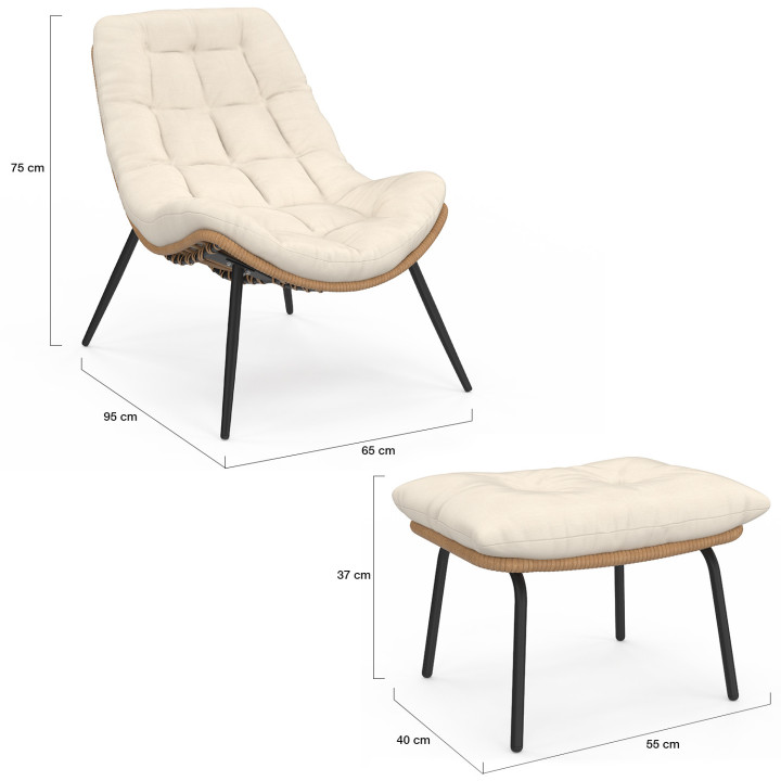 Set di 2 poltrone reclinabili in rattan con cuscini ecrù e poggiapiedi