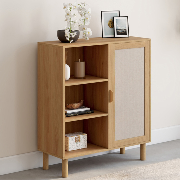 Credenza con 3 ripiani e armadietto 70 cm effetto legno e lino - ROBIN | IdMarket