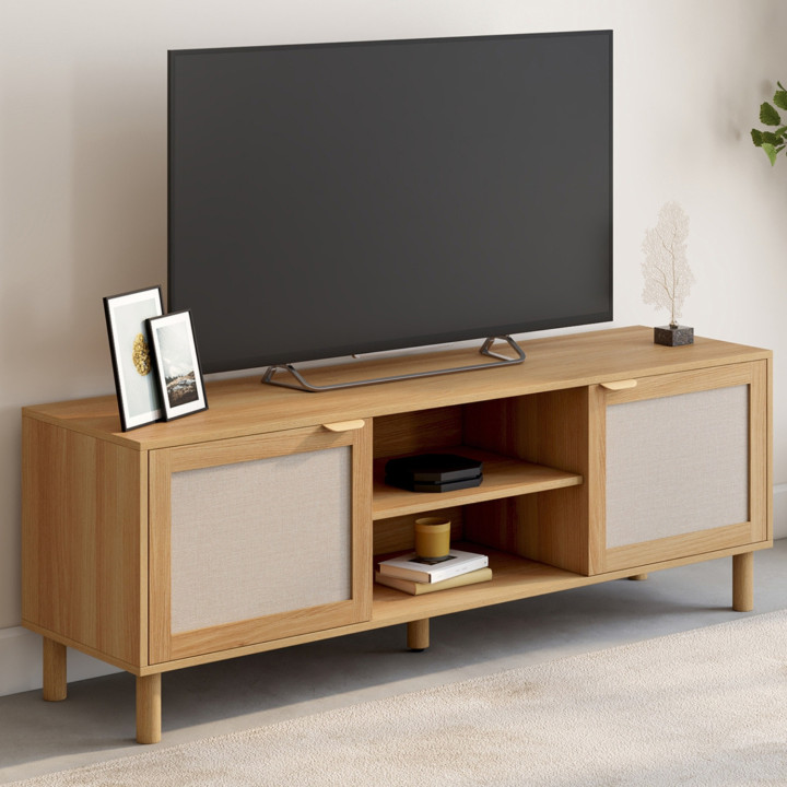 Porta TV 140 cm a 2 ante effetto legno e lino - ROBIN | IdMarket