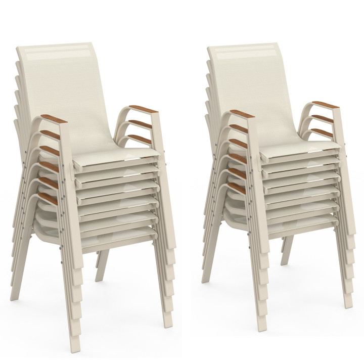 Set di mobili da giardino - tavolo allungabile 135/270 cm con piano in vetro temperato effetto legno e 12 sedie impilabili beige