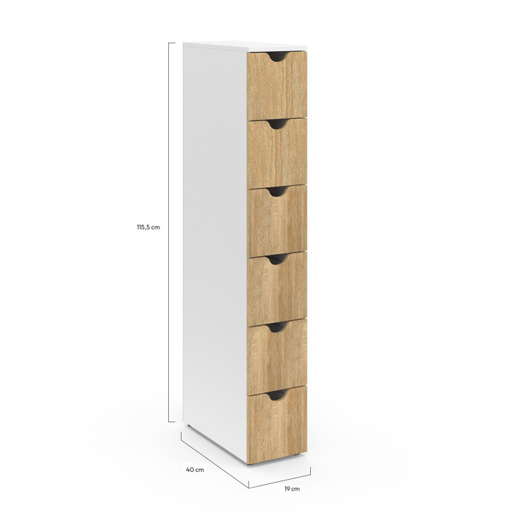 Colonna salvaspazio a 6 cassetti su rotelle in finitura bianca e faggio