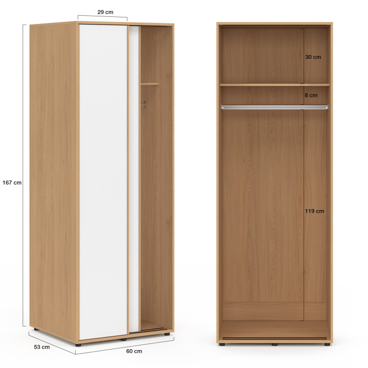 Armadio scorrevole a 2 ante SLIDEA legno e bianco 60 cm con ripiano