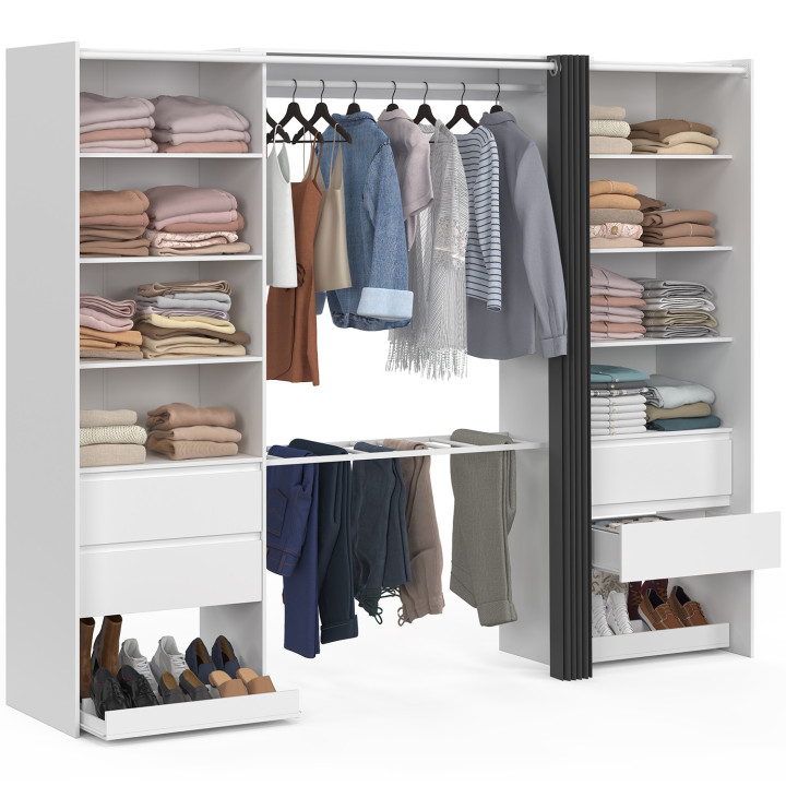 Armadio doppio XXL 220 cm con appendiabiti + ripiani + cassetti + scarpiera bianca e grigia - MERYL | IdMarket