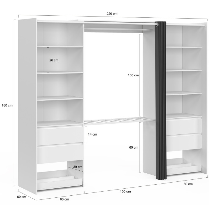 Armadio doppio XXL 220 cm con appendiabiti + ripiani + cassetti + scarpiera bianca e grigia - MERYL | IdMarket