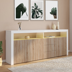 Credenza 180 cm XXL 3 ante e 3 cassetti con LED e nicchie in legno bianco e faggio - ELIGHT | IdMarket