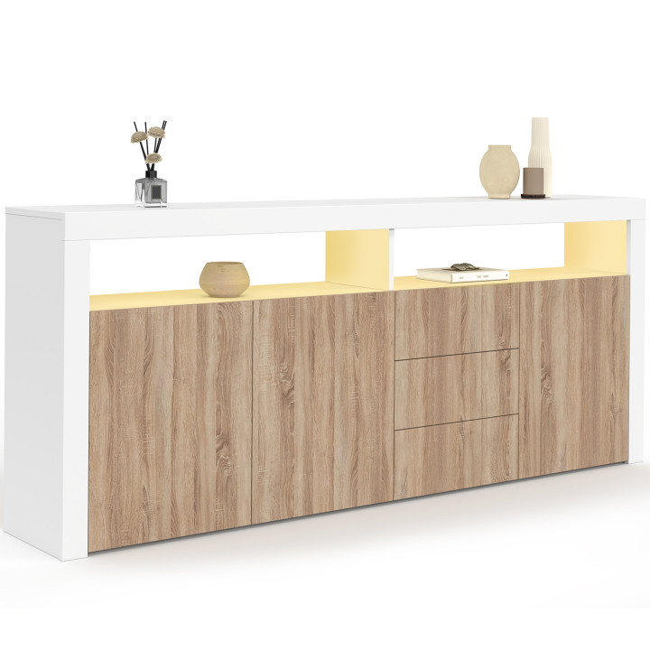 Credenza 180 cm XXL 3 ante e 3 cassetti con LED e nicchie in legno bianco e faggio - ELIGHT | IdMarket