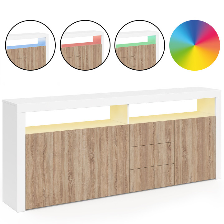 Credenza 180 cm XXL 3 ante e 3 cassetti con LED e nicchie in legno bianco e faggio - ELIGHT | IdMarket