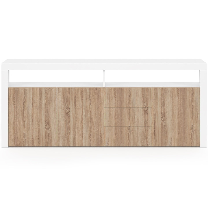 Credenza 180 cm XXL 3 ante e 3 cassetti con LED e nicchie in legno bianco e faggio - ELIGHT | IdMarket