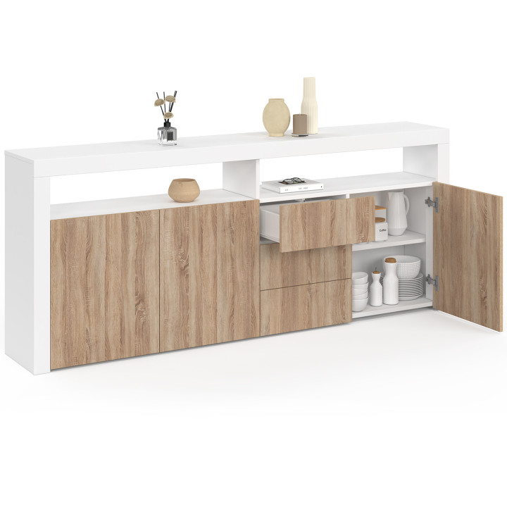 Credenza 180 cm XXL 3 ante e 3 cassetti con LED e nicchie in legno bianco e faggio - ELIGHT | IdMarket