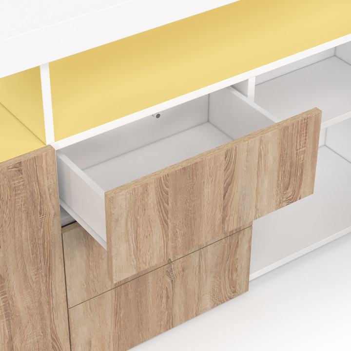 Credenza 180 cm XXL 3 ante e 3 cassetti con LED e nicchie in legno bianco e faggio - ELIGHT | IdMarket