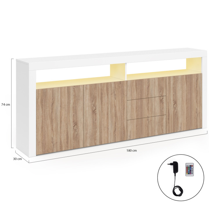 Credenza 180 cm XXL 3 ante e 3 cassetti con LED e nicchie in legno bianco e faggio - ELIGHT | IdMarket