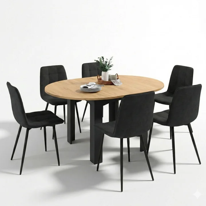 Tavolo da pranzo rotondo allungabile 4-8 persone, nero, piano in faggio 110-150 cm - DONA | IdMarket