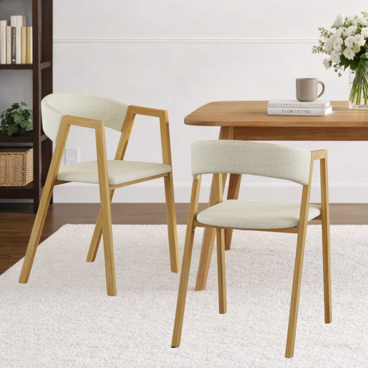 Set di 4 sedie in tessuto beige e metallo effetto legno con braccioli