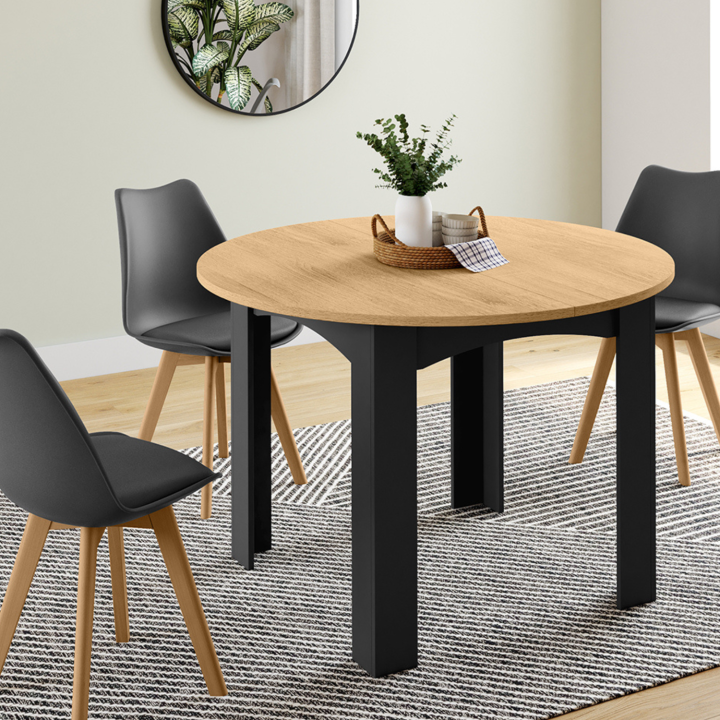 Tavolo da pranzo rotondo per 4-6 persone, nero, piano in faggio, 110 cm - DONA | ID Market