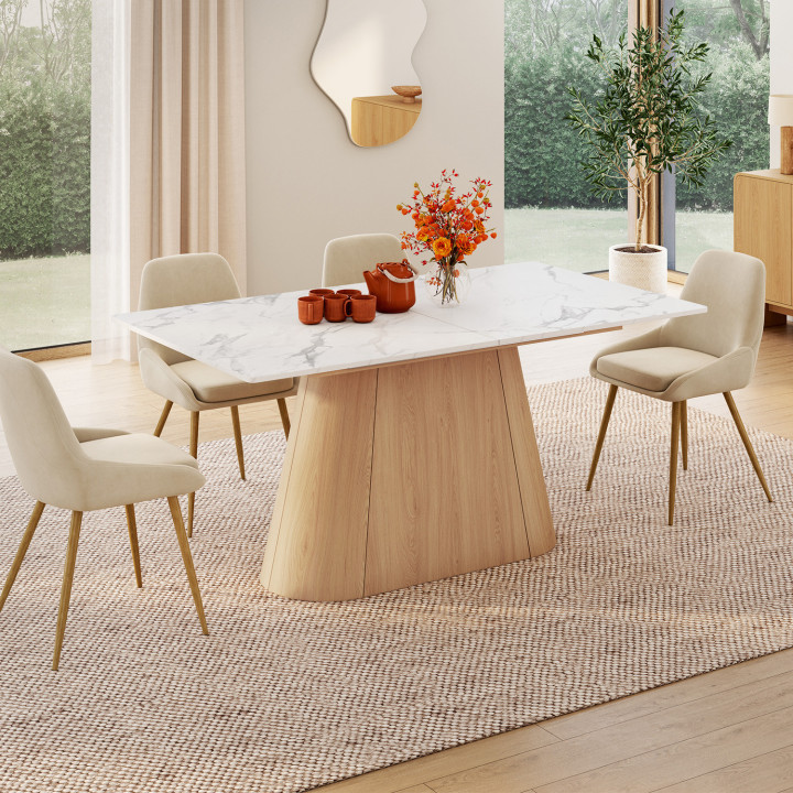 RHONDA tavolo da pranzo rettangolare allungabile 6-10 persone ALASKA piano in marmo bianco e finitura in faggio 160-200 cm