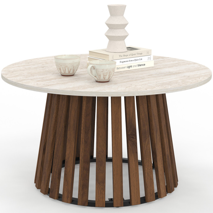 Tavolino rotondo CARMEN 70 cm con gambe in legno effetto noce e piano in travertino