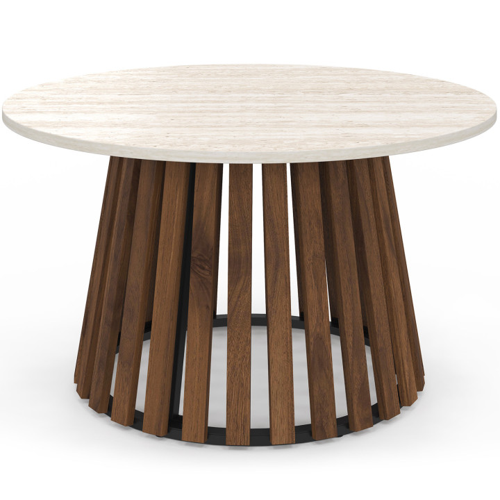 Tavolino rotondo CARMEN 70 cm con gambe in legno effetto noce e piano in travertino