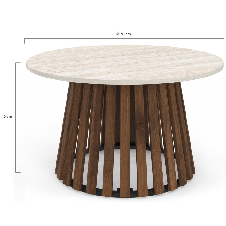 Tavolino rotondo CARMEN 70 cm con gambe in legno effetto noce e piano in travertino