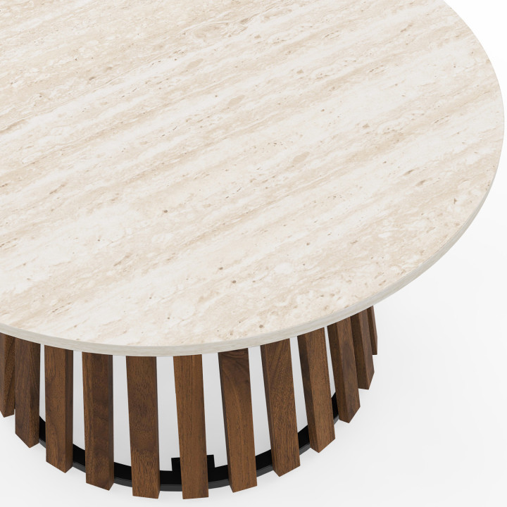 Tavolino rotondo CARMEN 70 cm con gambe in legno effetto noce e piano in travertino