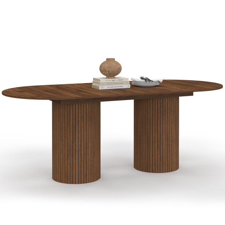 Tavolo da pranzo ovale allungabile JULIETTE 6-10 persone gambe cilindriche doghe in legno colore noce 160-200 cm