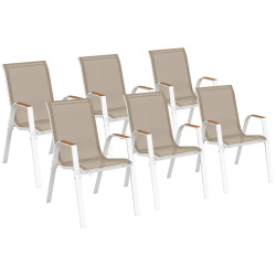 Set di 6 sedie da giardino impilabili in metallo e textilene, bianco e legno