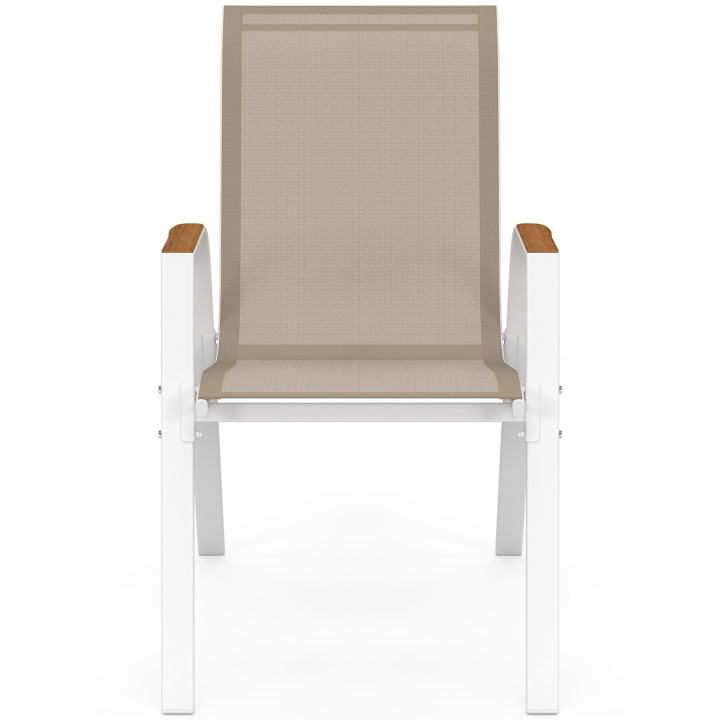 Set di 6 sedie da giardino impilabili in metallo e textilene, bianco e legno