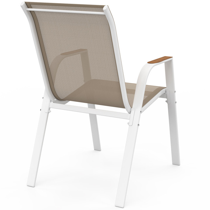 Set di 6 sedie da giardino impilabili in metallo e textilene, bianco e legno