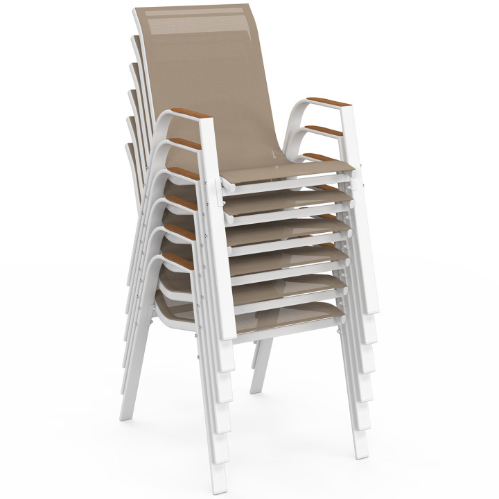 Set di 6 sedie da giardino impilabili in metallo e textilene, bianco e legno