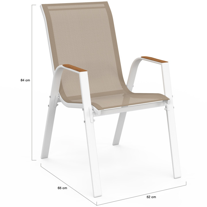 Set di 6 sedie da giardino impilabili in metallo e textilene, bianco e legno