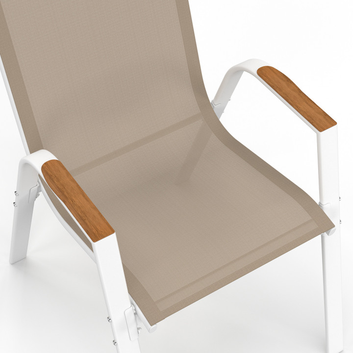 Set di 6 sedie da giardino impilabili in metallo e textilene, bianco e legno