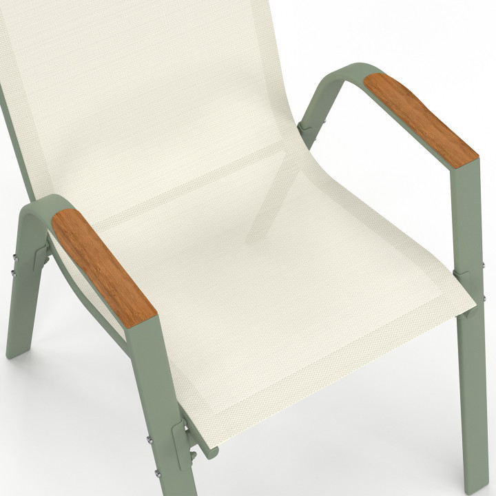 Set di 6 sedie da giardino impilabili in metallo e textilene, verde e legno - NOUMEA | IdMarket