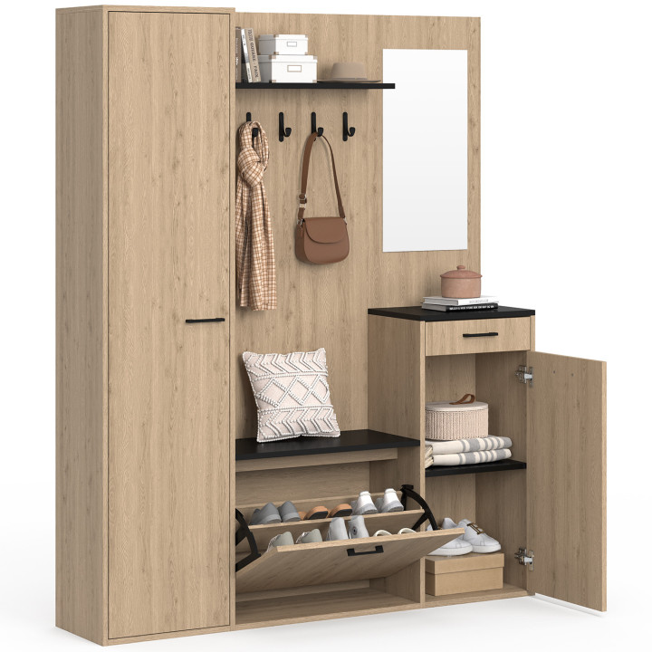 MAHAUT XXL maxi capienza in legno ed effetto nero armadio portascarpe da corridoio con specchio e mensole