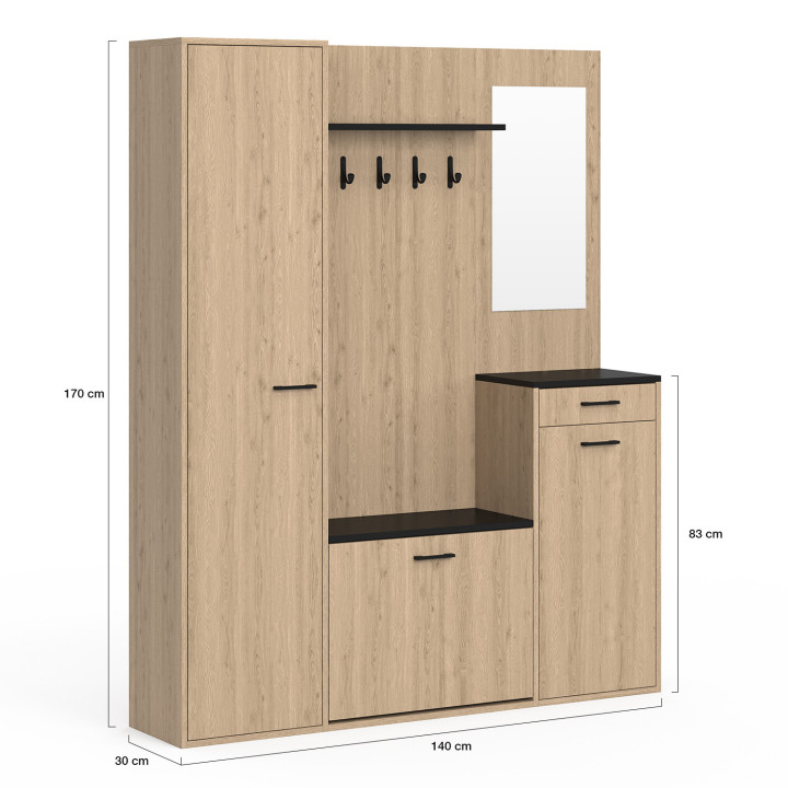 MAHAUT XXL maxi capienza in legno ed effetto nero armadio portascarpe da corridoio con specchio e mensole