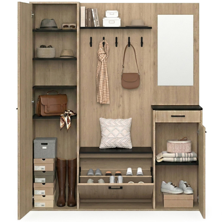 MAHAUT XXL maxi capienza in legno ed effetto nero armadio portascarpe da corridoio con specchio e mensole