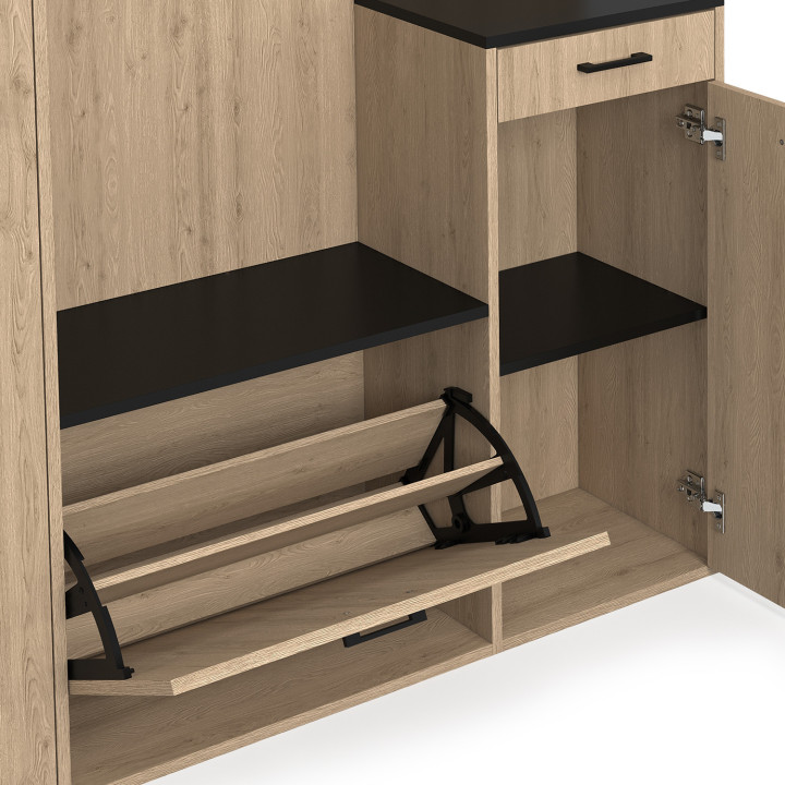 MAHAUT XXL maxi capienza in legno ed effetto nero armadio portascarpe da corridoio con specchio e mensole