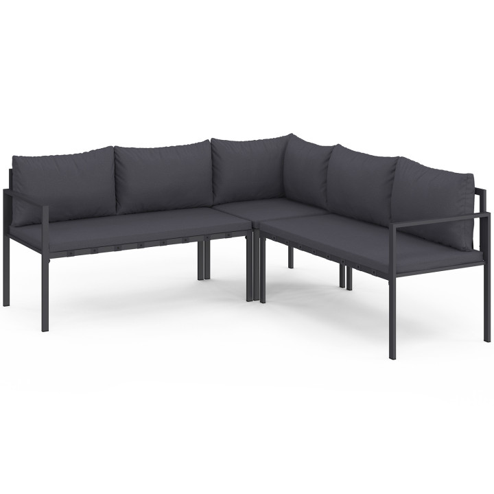 Set da giardino da pranzo angolare a 8 posti in metallo con cuscini grigi, composto da tavolo da pranzo, divano angolare, panca 