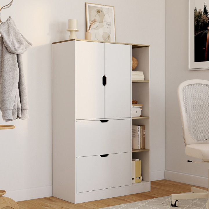 Contenitore L. 80 cm con ante e cassetti bianchi e in legno - NOUK | IdMarket